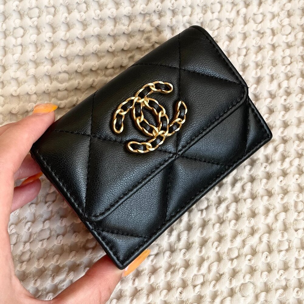 Authentic CHANEL 19 Small Flap Tri-fold Wallet Black